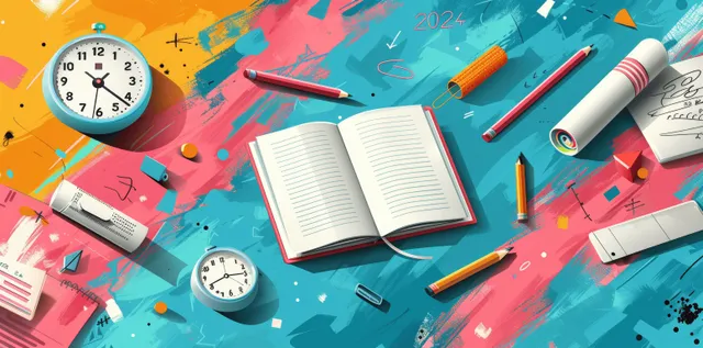 Open notebook with pencils, rulers, and clock icons on a bright geometric school supply pattern background.