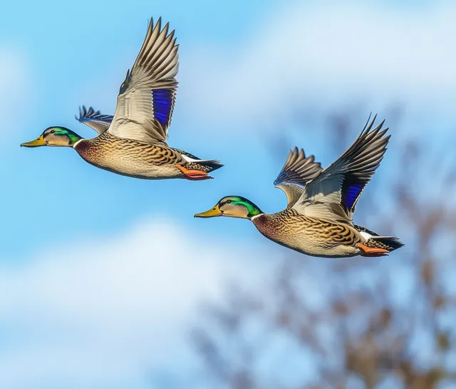 Two mallard ducks fly side by side in the blue sky, wings spread and feathers detailed.