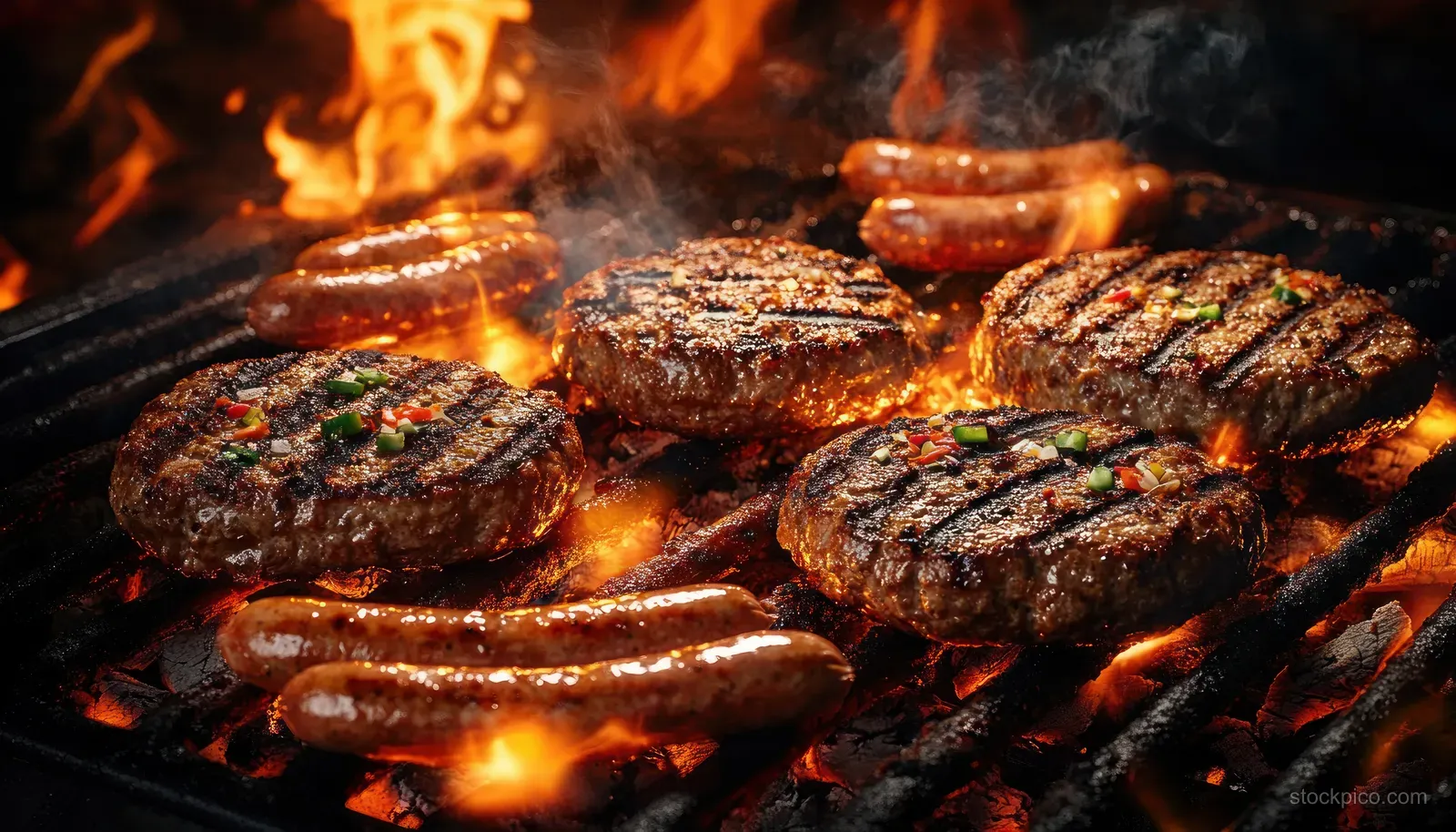 Beef steaks and sausages sizzling on a charcoal barbecue grill with visible flames and smoky grill smoke.