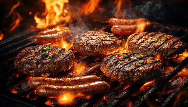 Sizzling beef steaks and sausages on a charcoal grill with roaring orange flames