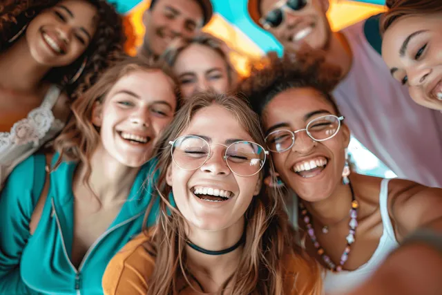 Multicultural friends taking a selfie outdoors, laughing under bright sunny balloons