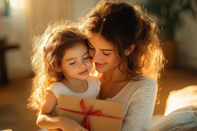 A mother and daughter joyfully embrace on a cozy sofa while sharing a gift in a sunlit, warm indoor setting.