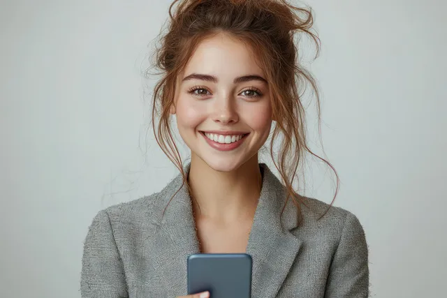 Smiling businesswoman in grey suit holding smartphone in hand against clean white background