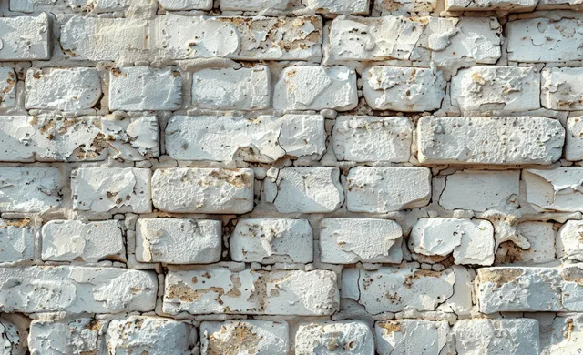 A weathered cream brick wall shows cracked mortar, chipped edges, and faint blue paint marks in a seamless pattern.