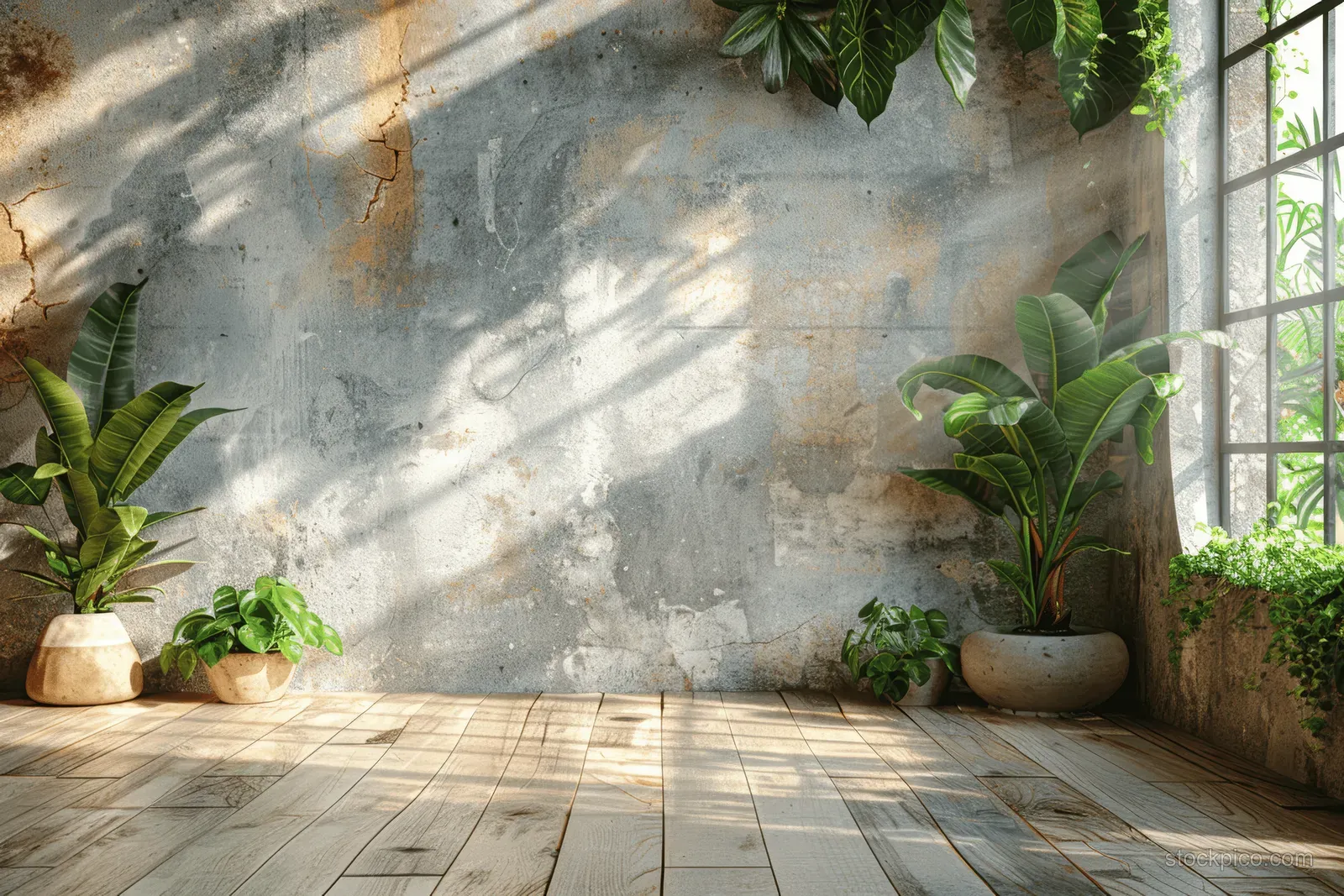 Sunlight streams across a rustic concrete wall and wooden floor with potted plants and large green leaves.