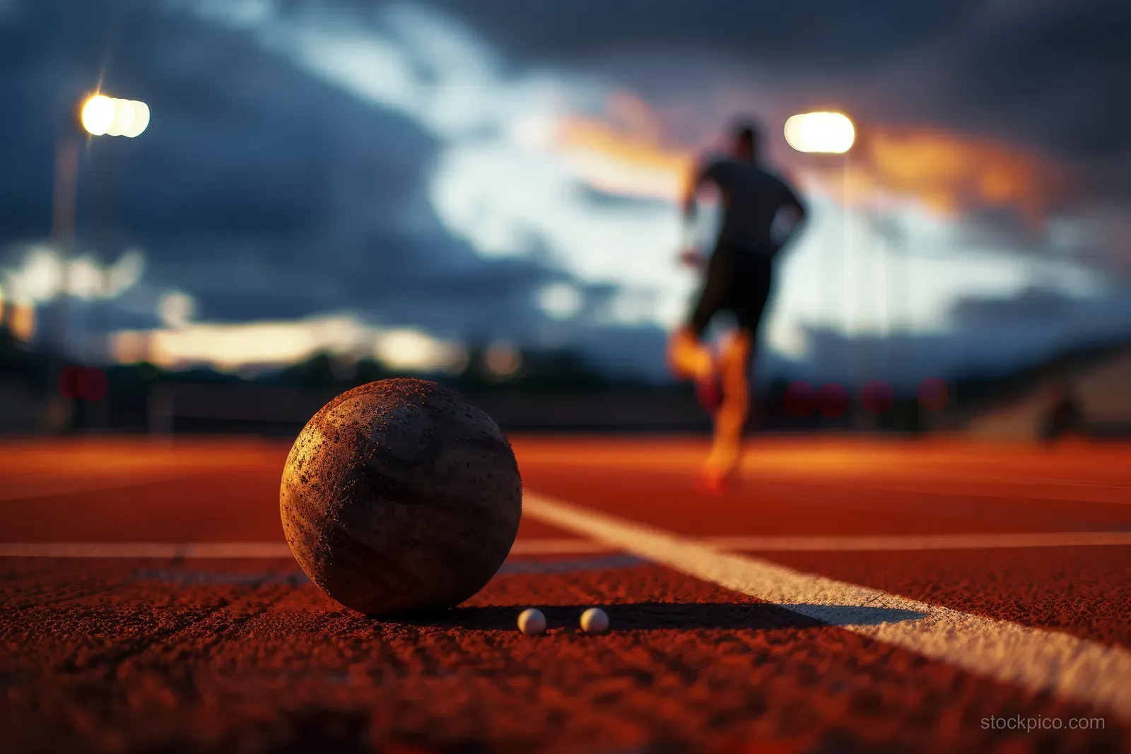 Shot put ball on the track foreground with a silhouetted athlete sprinting toward a throw under stadium lights at dusk.