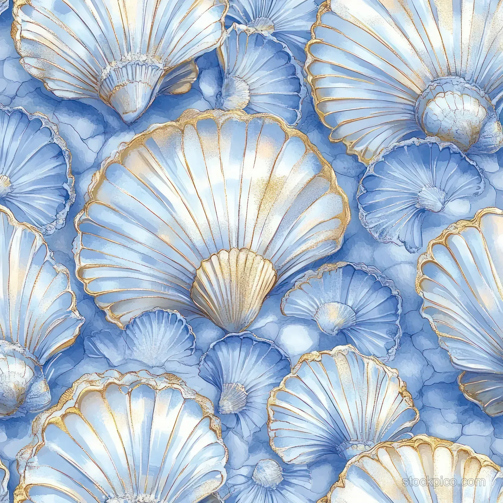 Seamless wallpaper pattern of blue and white scallop seashells with gold-edged outlines.