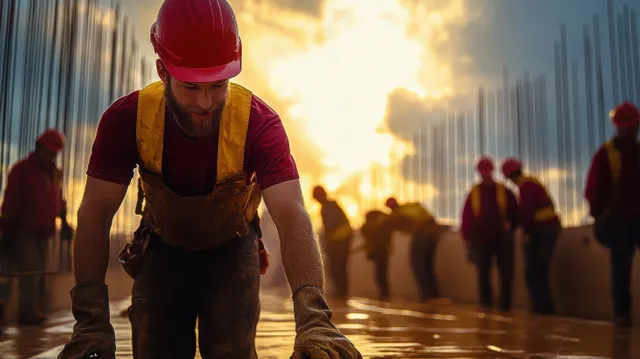 Construction workers in helmets and gloves work on a concrete building structure with steel rods at sunset.
