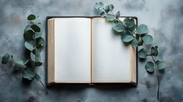Open vintage blank book on a textured surface with eucalyptus leaves scattered around it.
