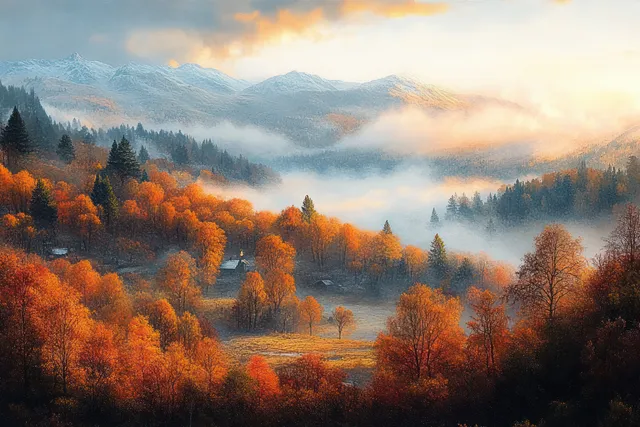 Orange autumn forests and drifting mist cover a valley beneath cloudy skies with distant snow-capped mountains.