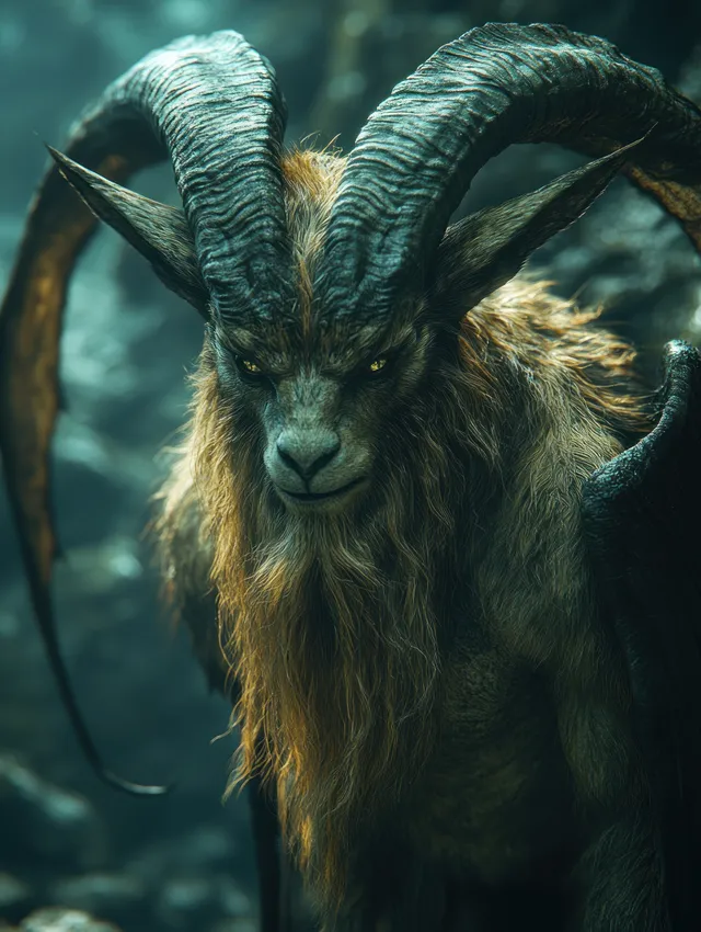 A goat-headed Jersey Devil cryptid with bat wings and horned horns emerges from fog in a pine forest at night.