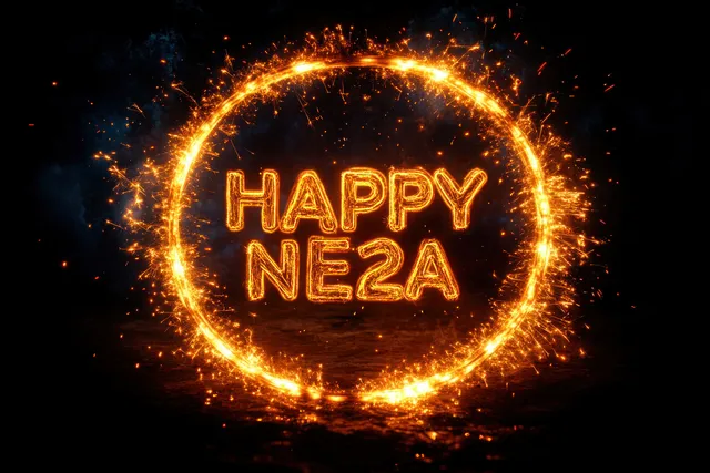 Sparklers glow in a ring around fiery text reading HAPPY NE2A on a dark background.