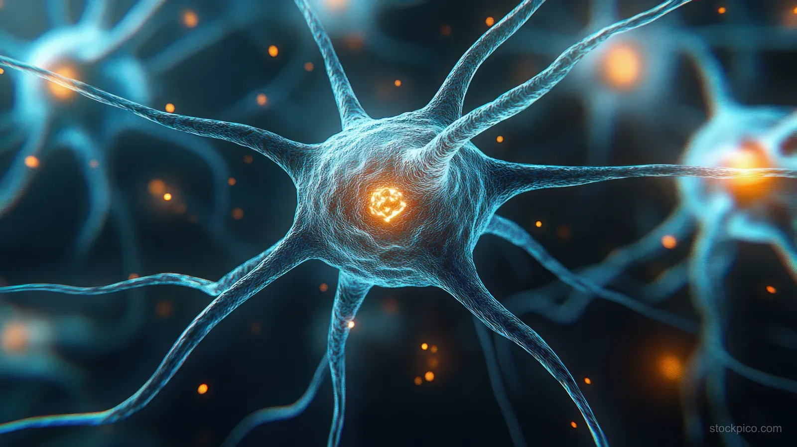 A central glowing neuron sends branching axons and dendrites across a dark network with tiny illuminated synaptic connections.