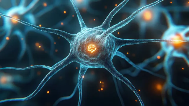 A central glowing neuron sends branching axons and dendrites across a dark network with tiny illuminated synaptic connections.