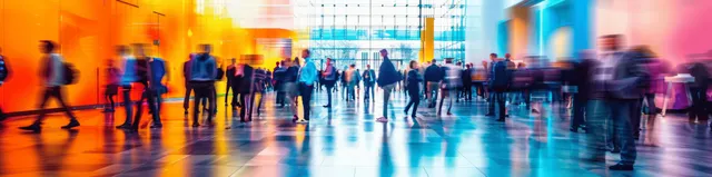 Blurred business crowd walking through a modern conference hall with colorful glass panels