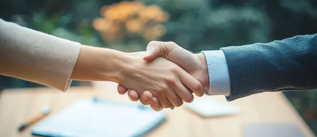 Executives shake hands over contract papers during an office meeting as a pen rests nearby.