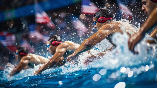 Freestyle swimmers surge forward in a relay race with intense water splashes and teammates ahead.