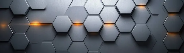 Futuristic hexagonal metallic background with brushed steel texture and glowing edge lights