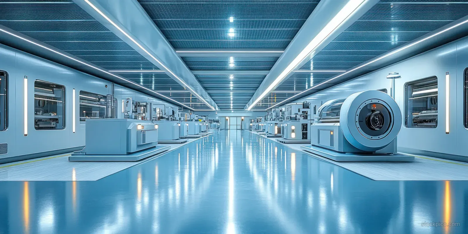 Futuristic factory corridor with symmetrical robotic machinery rows and a reflective polished floor under bright lights.