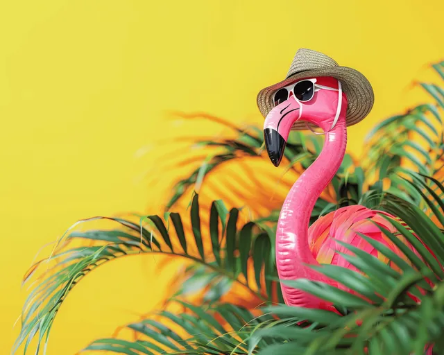 Pink flamingo wearing hat and sunglasses peeking through palm leaves on yellow