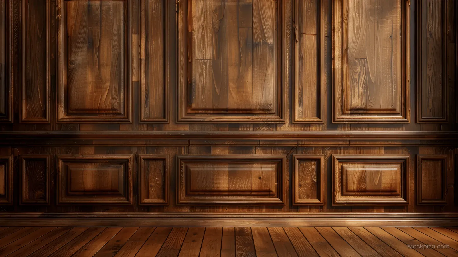 Classic brown wood paneled wall with ornate rectangular frame patterns and warm lighting.