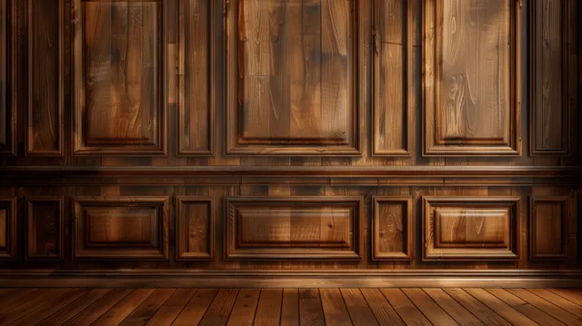 Classic brown wood paneled wall with ornate rectangular frame patterns and warm lighting.