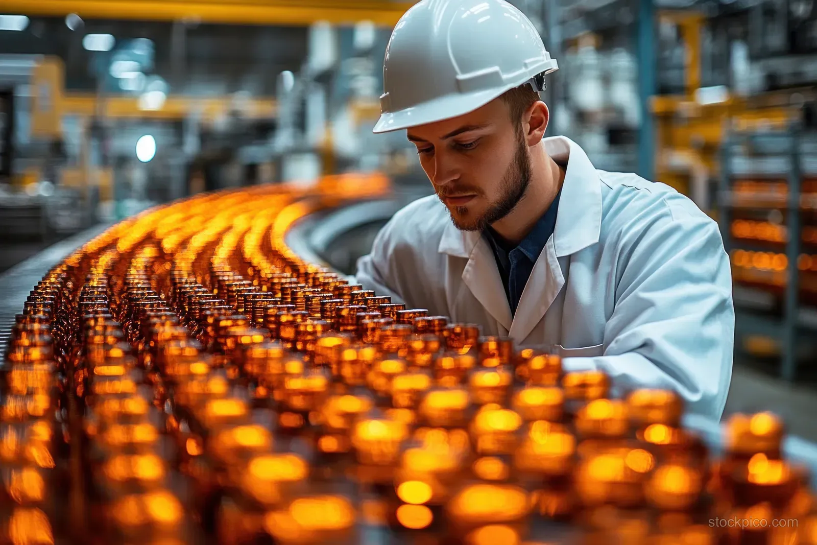A safety-helmeted worker inspects amber glass bottles on a curved conveyor in a glass manufacturing plant.