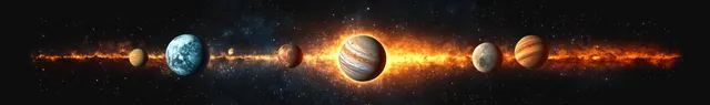 Solar system planets stretch across a glowing cosmic dust band in deep space with Cosmic Dust And Nebula