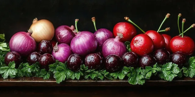 Red cherries and dark plums with red onions, yellow onion, and parsley leaves resting on a wooden surface with water droplets.