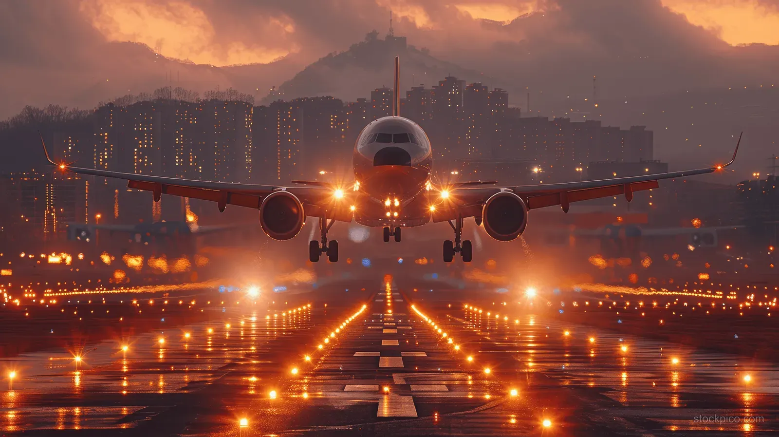 An airplane lands on a dusk runway with glowing lights, a city skyline, and mountains in the background.