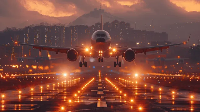 Airplane landing at dusk runway, glowing centerline lights, city skyline and mountains behind