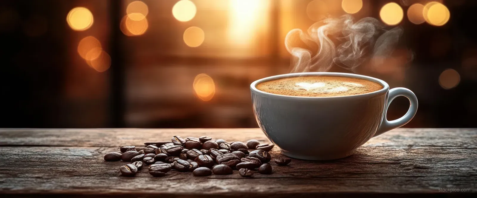 Steaming cup of coffee on a rustic wooden table with roasted coffee beans scattered beside it.