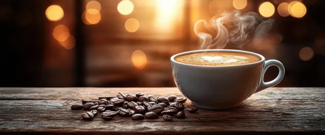 Steaming cup of coffee on a rustic wooden table with roasted coffee beans scattered beside it.
