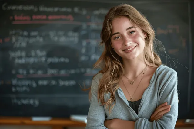 Smiling young female teacher stands by blackboard covered in math equations