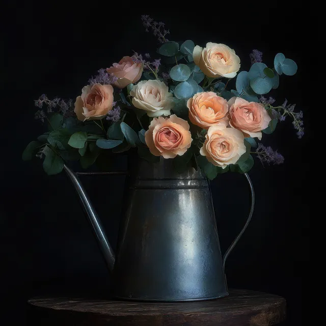Softly lit rose bouquet in rustic metal watering can with eucalyptus on wooden table