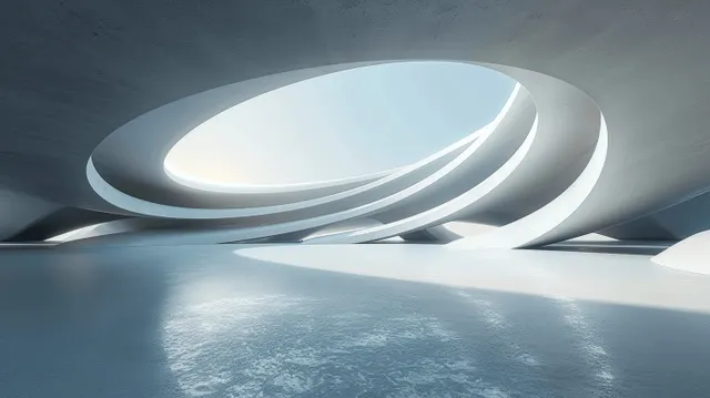 Empty concrete showroom floor inside a futuristic oval room with glowing white ring lights and a curved ceiling.