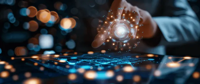 Businessman tapping digital HR icon on tablet, hiring workflow with glowing data network