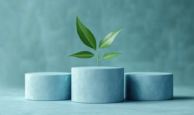 Green three-leaf plant sprouts from the center of three concrete cylindrical podiums on a blue textured background.