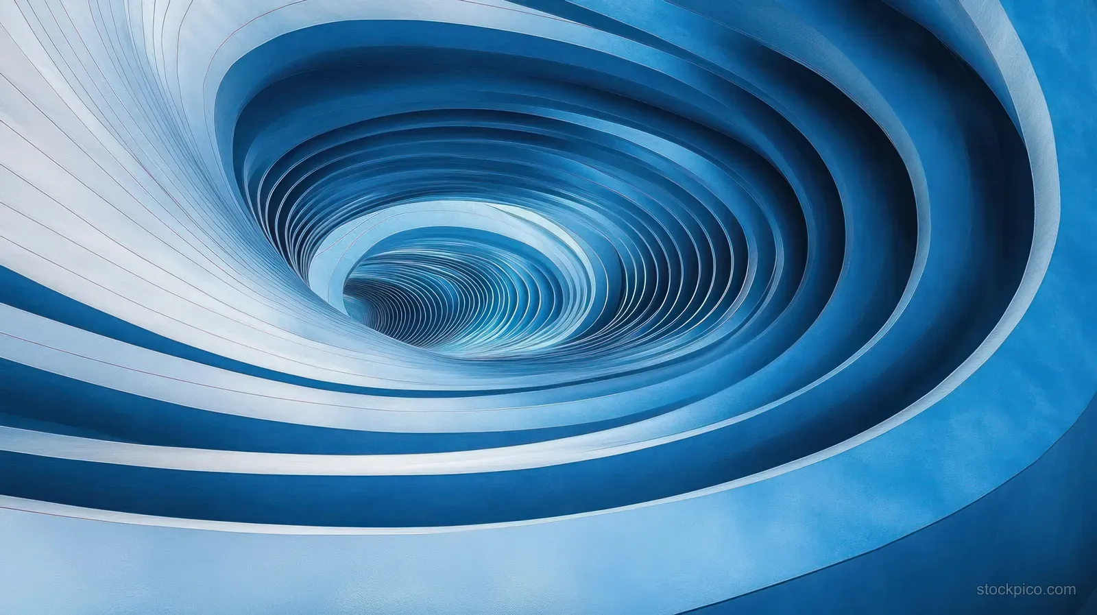 Blue concentric spiral rings form a tunnel vortex with smooth curved architectural lines.