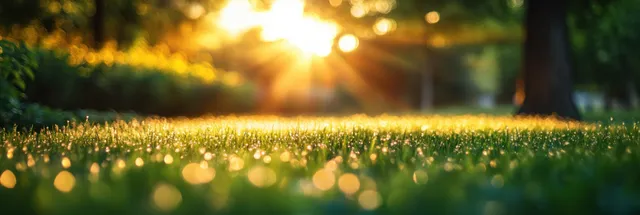 Dewy grass blades in morning sunlight, macro close-up with soft bokeh garden background