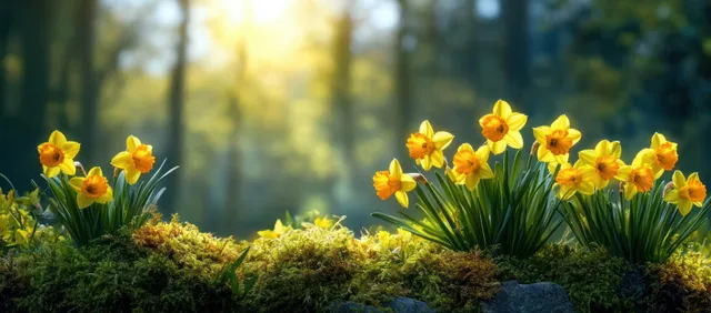 Yellow daffodils bloom from green moss in warm spring light with a blurred forest background.