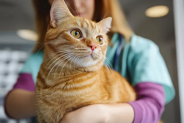 Orange tabby cat with green eyes being held gently by a person wearing teal and purple sleeves indoors.