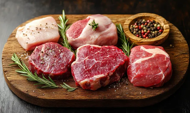 Assorted raw meat cuts and chicken on a wooden board with rosemary and mixed peppercorns.