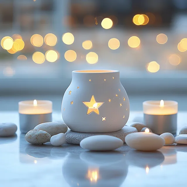 Burning candles with star-cutout ceramic on marble table, glowing soft bokeh lights