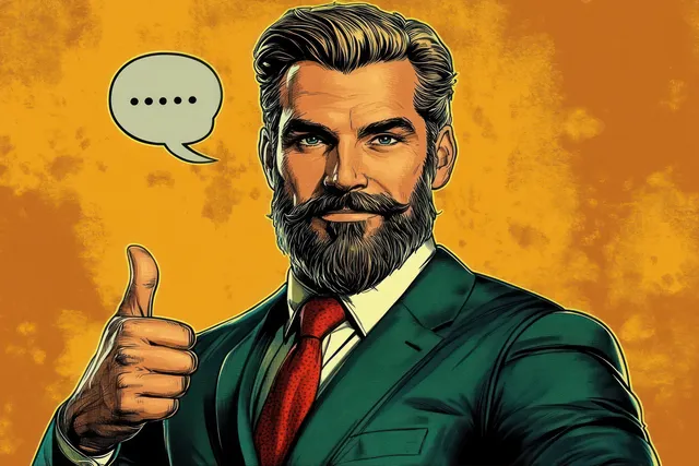 Illustrated bearded businessman in a suit gives a thumbs up beside a speech bubble on an orange textured background.