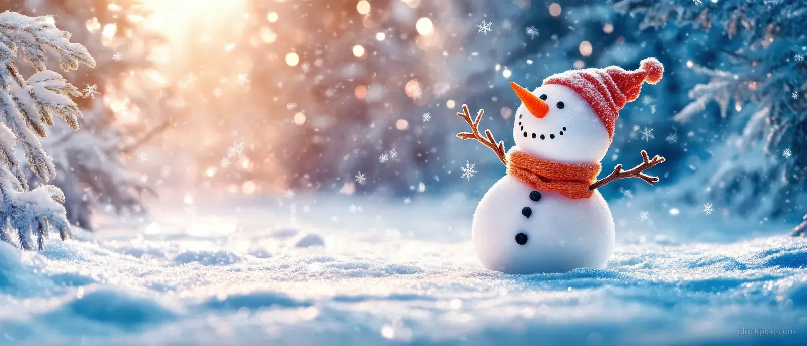 A snowman upside down in a sunlit snowy forest with falling snowflakes and frosty trees behind.