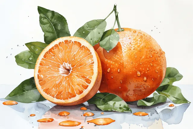Fresh orange and cut segment with green leaves on white watercolor splash