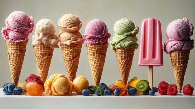 Colorful ice cream cones and popsicles on a white surface with fresh berries and fruit.