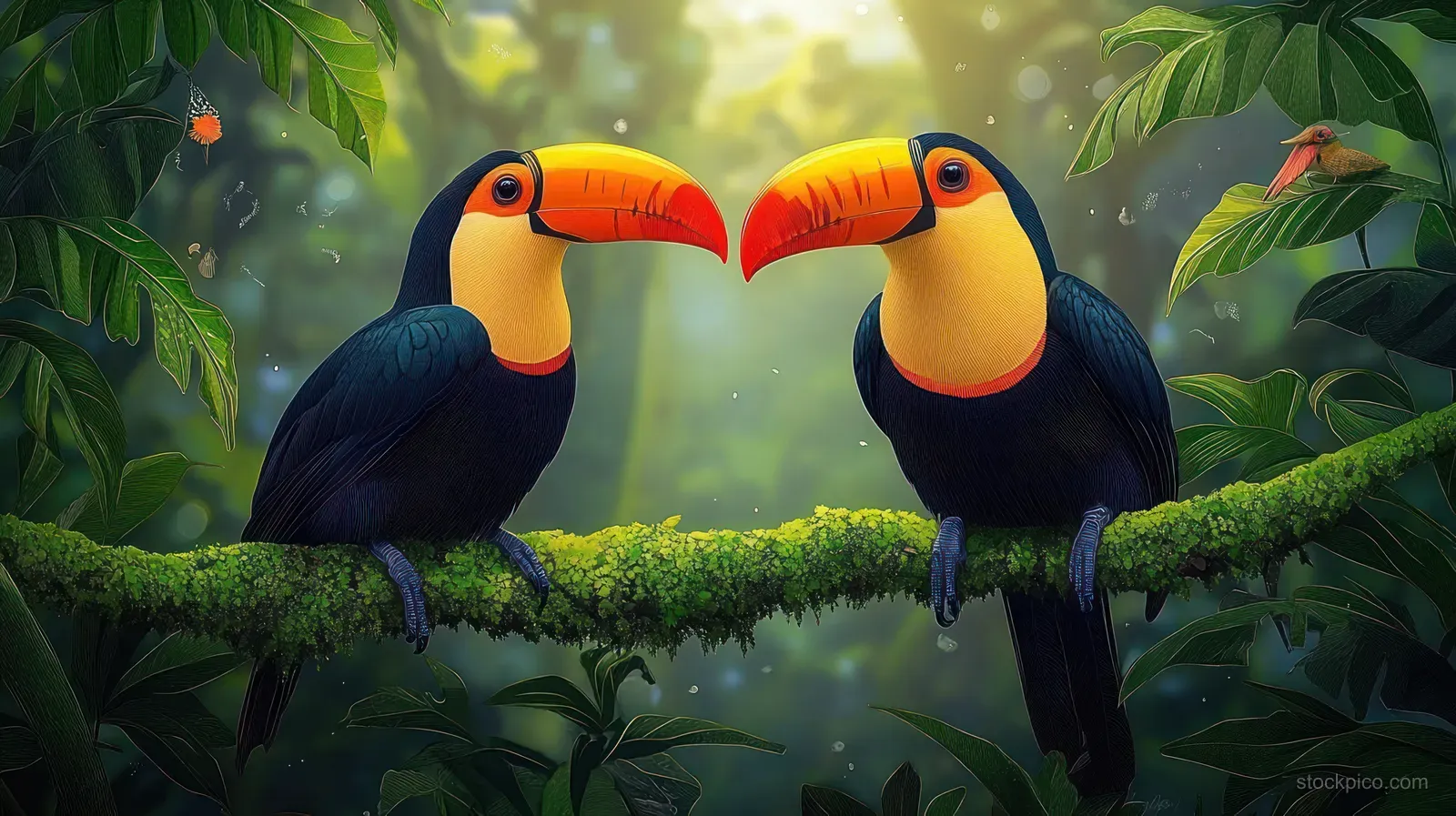 Two toucans perch on a mossy branch with colorful beaks among sunlit green rainforest leaves.