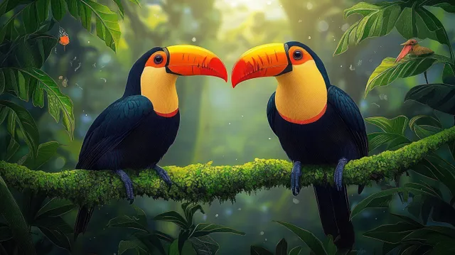 Two toucans perch on a mossy branch with colorful beaks among sunlit green rainforest leaves.